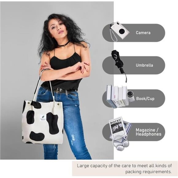 Cow Print Corduroy Tote Bag with Secure Buckles and Straps With Inner Pockets - Picture 2 of 6